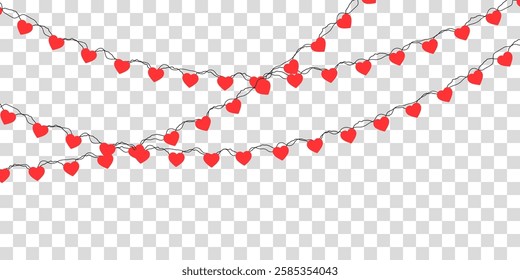 Hanging heart garland with red paper hearts on a string. A festive and romantic decoration featuring a mix of glitter and plain textures. Perfect for Valentine’s Day celebrations, weddings