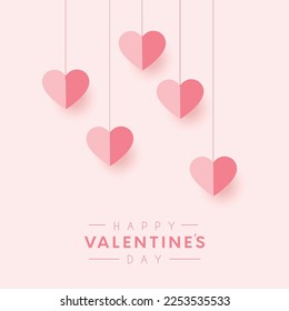 Hanging hearts background with text space-Poster or banner with blue sky and paper cut clouds. Place for text. Happy Valentine's day sale header or voucher template with hanging hearts