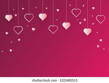 Hanging hearts background and valentines day. Vector symbols of love for Happy Women's, Mother's, Valentine's Day