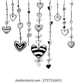 Hanging hearts of different designs are shown connected by curly lines. The background is plain and white. The artwork illustrates a playful arrangement of heart shapes.