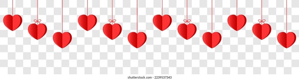 Hanging hearts garland.Red 3d paper hearts .Set of simple hearts.Valentine's Day seamless pattern. Hearts garland isolated on a transparent background. Valentine's day decoration.