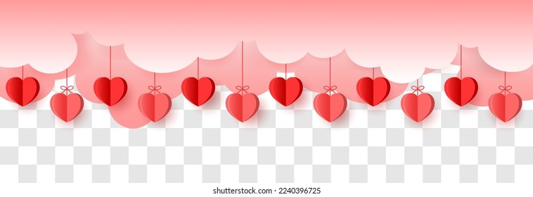 Hanging hearts garland.Red 3d paper hearts .Valentine's Day seamless pattern. Hearts garland isolated on a transparent background. Valentine's day decoration.Hearts flying in the sky.