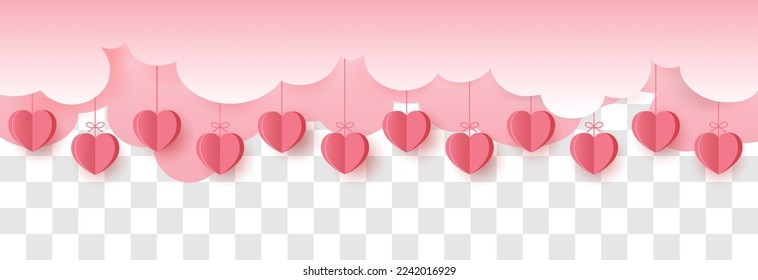 Hanging hearts garland.Red 3d paper hearts .Valentine's Day seamless pattern. Hearts garland isolated on a transparent background. Valentine's day decoration.Hearts flying in the sky.