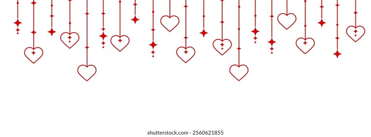 Hanging hearts garland.Red hearts seamless border .Set of simple hearts.Valentine's Day seamless pattern . Valentine's day decoration.Heart icons.