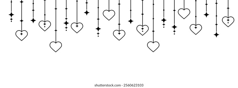 Hanging hearts garland.Black hearts seamless border .Set of simple hearts.Valentine's Day seamless pattern . Valentine's day decoration.Heart icons.