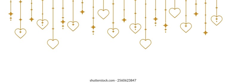 Hanging hearts garland.Golden hearts seamless border .Set of simple hearts.Valentine's Day seamless pattern . Valentine's day decoration.Heart icons.