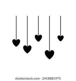 Hanging hearts icon. Black silhouette. Vertical front view. Vector simple flat graphic illustration. Isolated object on a white background. Isolate.