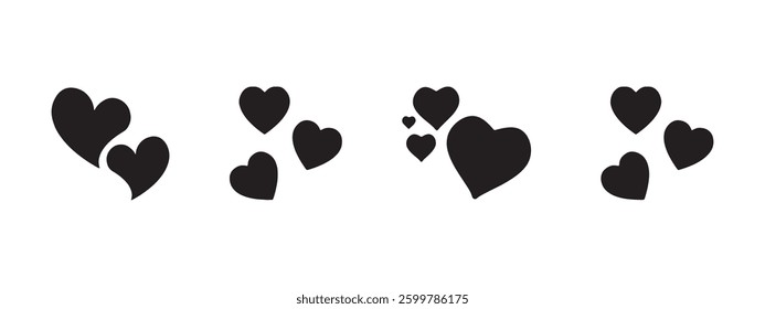 Hanging hearts icon. Black silhouette. Vertical front view. Vector simple flat graphic illustration. 