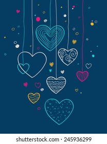 Hanging hearts on dark background. Valentine's day illustration. Good for greeting card design.
