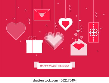 Hanging hearts and other decorations on pink background. Greeting card for Valentines day.