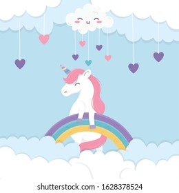 hanging hearts rainbow cute unicorn fantasy magic dream cartoon vector illustration