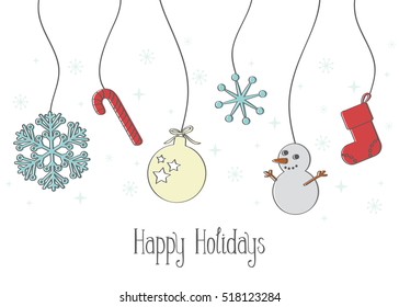 Hanging holiday ornaments & snowflakes on white background. Christmas & winter themed greeting card design with seasonal decorations. Snowflake, candy cane, bauble, snowman and stocking vectors. 