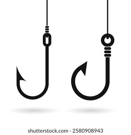 Hanging hook on string vector icon isolated over white background. Simple line illustration of two fishing hooks. Abstract web design elements.