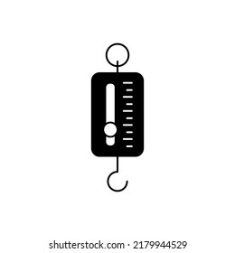 Hanging hook scales icon in black flat glyph, filled style isolated on white background