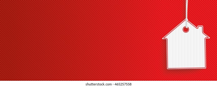 Hanging house shape price sticker on the red striped background. Eps 10 vector file.