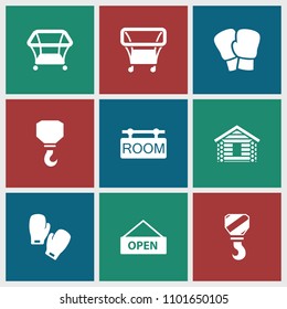 Hanging icon. collection of 9 hanging filled icons such as playpen, hook, room tag, boxing gloves, open plate. editable hanging icons for web and mobile.