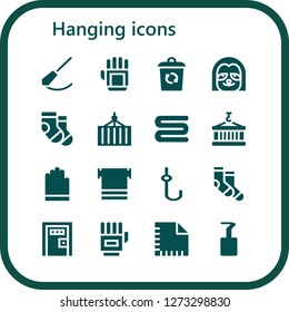  hanging icon set. 16 filled hanging icons. Simple modern icons about  - Pendulum, Glove, Container, Sloth, Socks, Towel, Gloves, Hook, Death penalty, Napkin