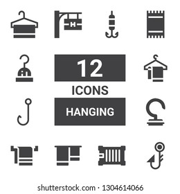hanging icon set. Collection of 12 filled hanging icons included Fishing hook, Container, Towel, Hook, Hotel signal