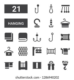hanging icon set. Collection of 21 filled hanging icons included Hook, Grip, Towel, Cradle, Hotel signal, Napkin, Container, Newtons cradle, Hang