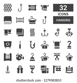 hanging icon set. Collection of 32 filled hanging icons included Cradle, Hotel signal, Towel, Hook, Grip, Puppet, Angler, Container, Chandelier, Fishing hook, Napkin