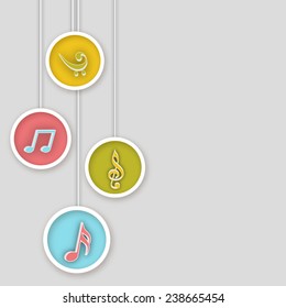 Hanging icons of musical notes on light grey background.