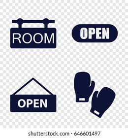 Hanging icons set. set of 4 hanging filled icons such as room tag, open, boxing gloves