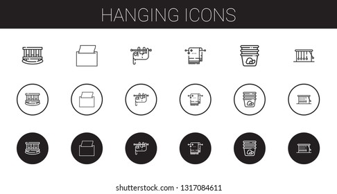 hanging icons set. Collection of hanging with cradle, napkin, sloth, towel, container, newtons cradle. Editable and scalable hanging icons.