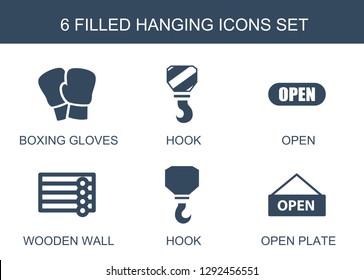 hanging icons. Trendy 6 hanging icons. Contain icons such as boxing gloves, hook, open, wooden wall, open plate. hanging icon for web and mobile.