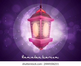 Colgando lámpara árabe iluminada con luna creciente sobre fondo púrpura brillante para el mes sagrado de la comunidad musulmana, celebración de Ramadán Kareem.