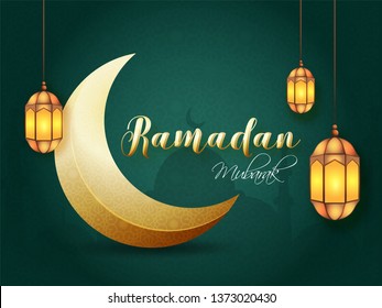 Hanging illuminated lantern and moon on floral green background for celebration of Islamic holy month of prayer, Ramadan ?Mubarak banner or poster design.