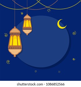 Hanging illuminierte Laternen, Mond und Raum für Ihre Nachricht. 