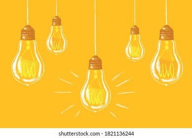 Hanging incandescent lamps on a yellow background, idea, hand-drawn.