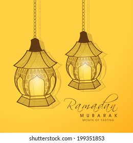 Hanging Intricate lanterns on bright yellow background for holy month of Muslim community Ramadan Kareem. 