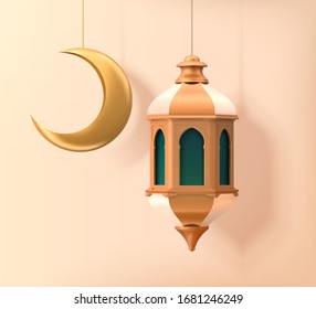 Hanging Islamic ornaments isolated on light apricot background, 3d illustration