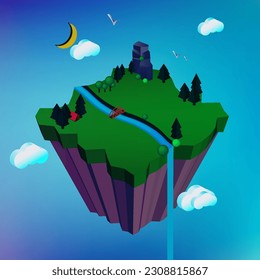 Hanging Island. Isometric. Night. Vector graphics