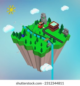  Hanging Island. Isometric. Vector graphics
