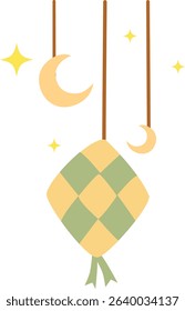 Hanging ketupat with crescent moons and stars, perfect for Eid Mubarak themes, Ramadan decoration sets, or Islamic culture illustrations.

