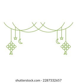 hanging ketupat or rice dumpling with crescent moon and star for ramadan and eid event celebration outline vector illustration