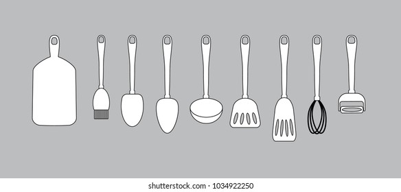 Hanging kitchen utensil. Thin line icons for cookware, kitchenware. Silhouettes of kitchen tools. Vector illustration, icon, lgo set. 