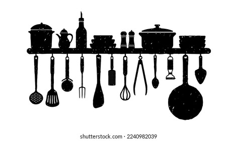 Hanging kitchen utensil vector illustration | rough sketch texture