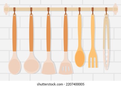 Utensilios de cocina colgados en una pared de ladrillo de estilo plano con siluetas aisladas en segundo plano.