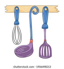 Hanging kitchen utensils, Simple colored Line art vector illustration