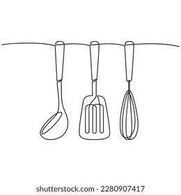 Vector de utensilios de cocina colgantes. Ladle, espátula, susurrar una línea de ilustración continua. Icono de cocina lineal dibujado a mano. Diseño de contorno mínimo, impresión, tarjeta, folleto, cartel, menú, logotipo.