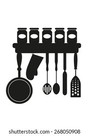 Hanging Kitchenware Utensils and Jars of Spices and Powders. Editable EPS10 Vector and jpg artwork.