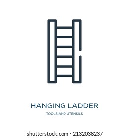 hanging ladder thin line icon. ladder, cartoon linear icons from tools and utensils concept isolated outline sign. Vector illustration symbol element for web design and apps.