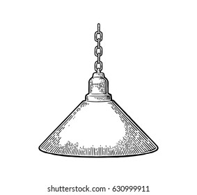 Hanging lamp with chain. Vintage black engraving illustration for poster, web. Isolated on white background.