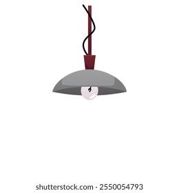 Lâmpada suspensa com ícone plano de abajur cinza. Lustre moderno com lâmpada, lâmpada com sombra de metal. Ilustração vetorial isolada sobre fundo branco. Elemento de design interior de desenho de desenho animado