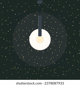Hanging lamp on a wire with a glowing bulb. Background with chaotic yellow dots.