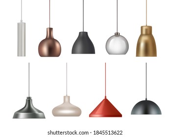 Hanging lamp. Realistic electricity lamp bright lighting interior decoration vector illustrations set