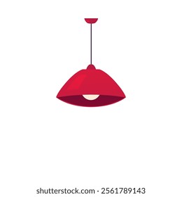 Hanging lamp with red lampshade flat icon. Modern chandelier with light bulb, lamp with round metal shade. Cartoon loft interior design element. Vector illustration isolated on white background